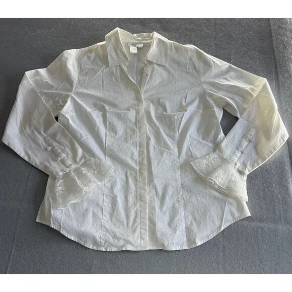 Cold Water Creek Button Up Blouse with Sheer Bell Sleeve Floral Detail, Large - Picture 2 of 4